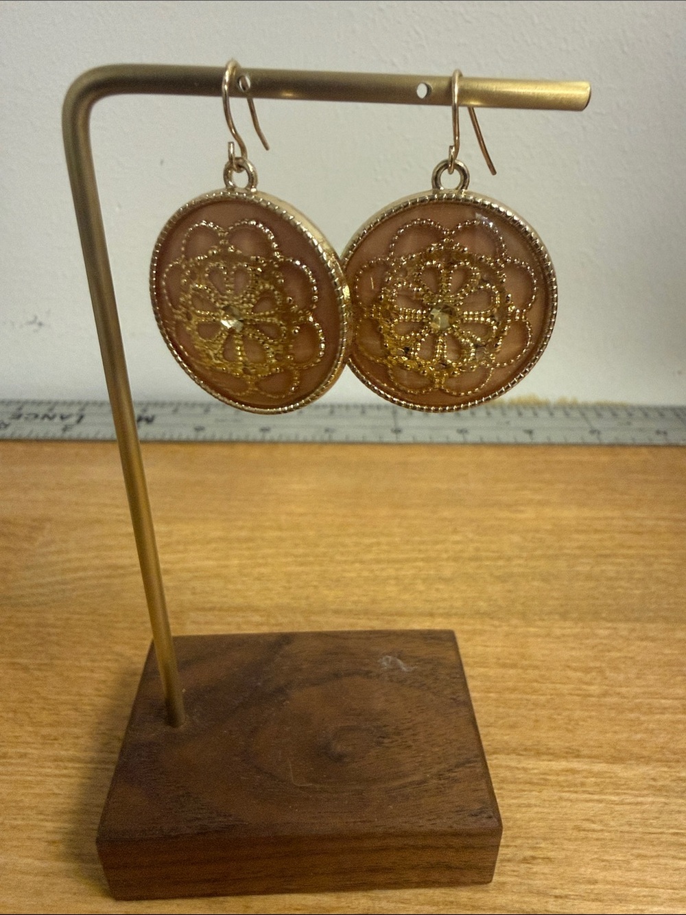 Rose pink laser cut gold tone medium circle dangle pendant earrings flower
